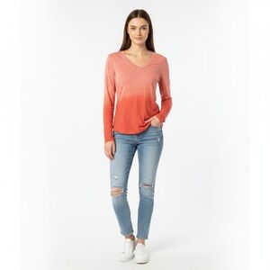 Coral Peach Ombre Womens Large Long Sleeve V-Neck Top Casual Relaxed Fall Winter